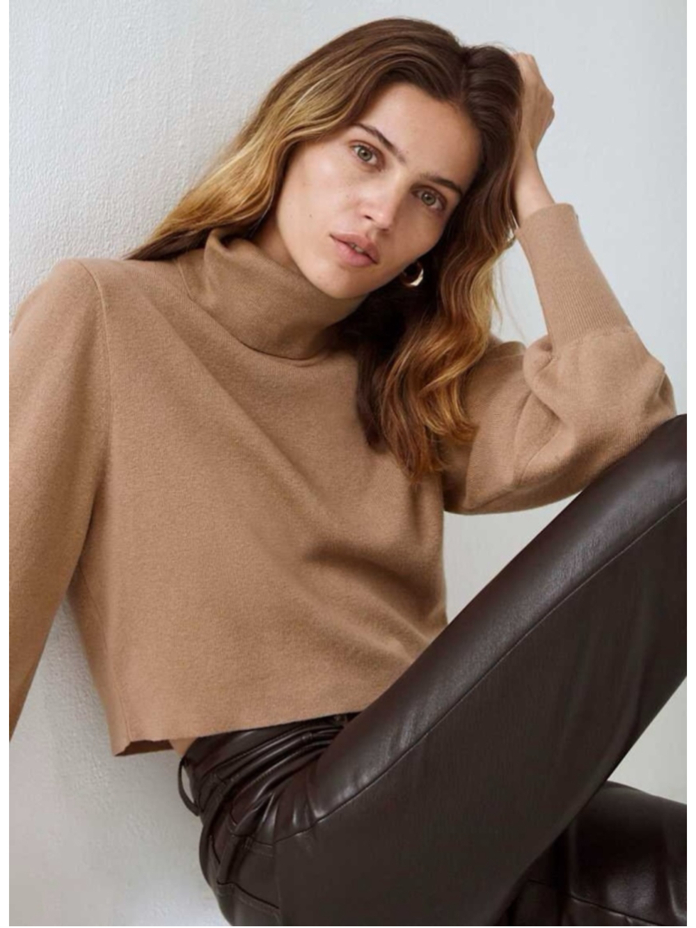 Aritzia Wilfred Rebecca Turtleneck Sweater Camel Tan Merino Wool Cropped Size S - Picture 4 of 14
